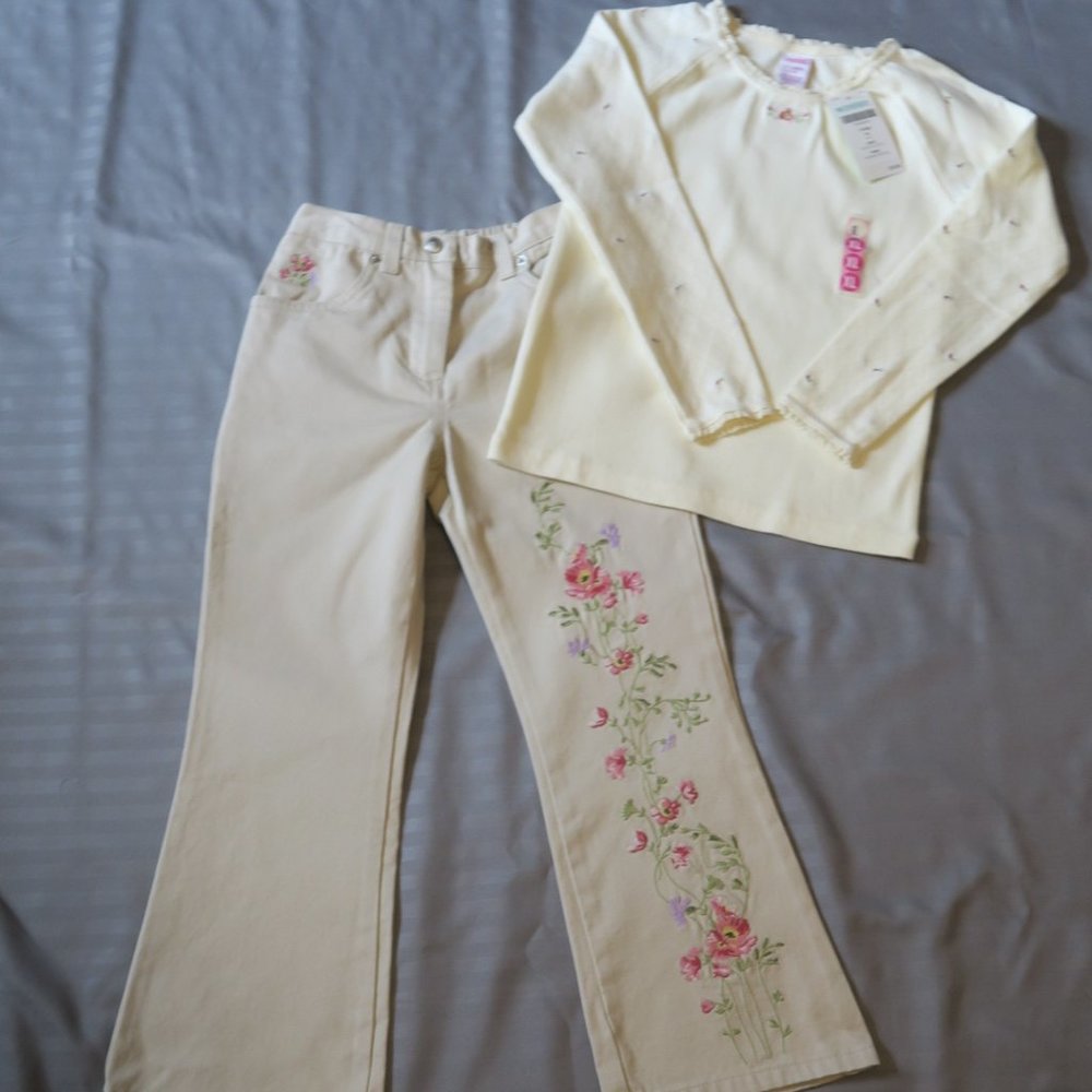Gymboree Girls Long Sleeve Top/Pants/Socks, Embroidered Wildflowers, Size 6 NWT